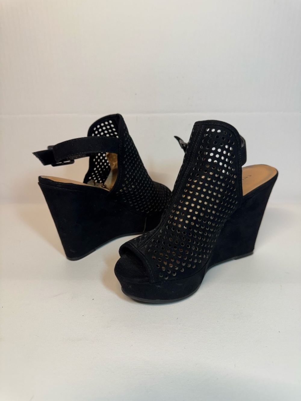 Chinese Laundry Black Perforated Peep Toe Platform Wedge Sandals 7.5
